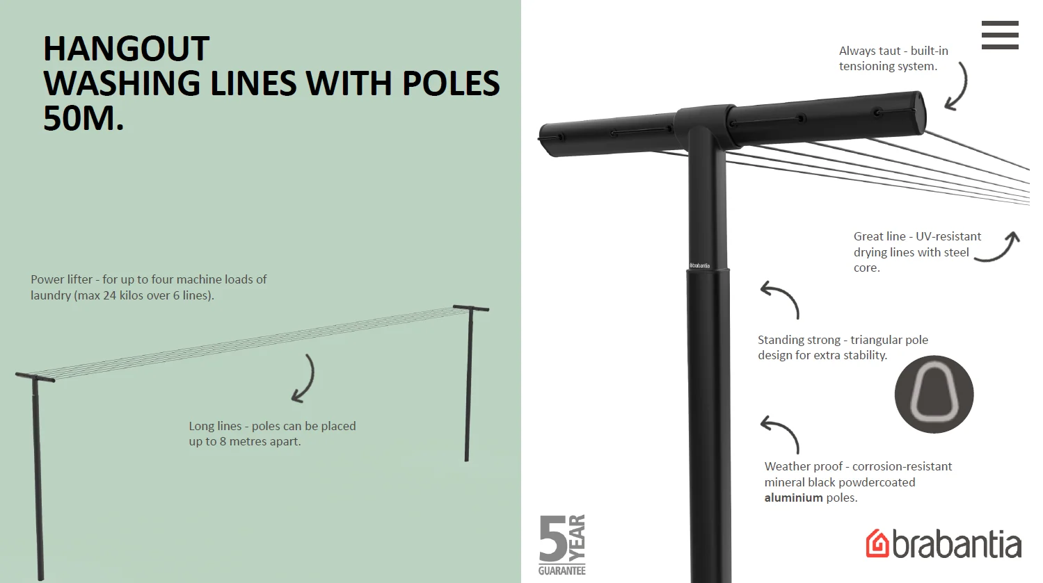 Brabantia Hangout Washing Clothes Lines With Poles 50M - Image 3