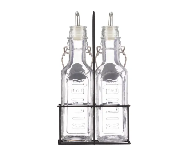 Kilner Set Of 2 Oil Bottles & Metal Rack 0.3 Litre