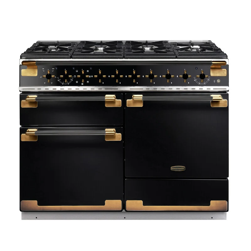 Rangemaster Elise 110cm Dual Fuel Black Edition Antique Brass Trim
