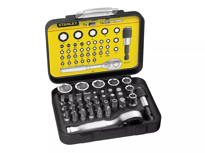 Stanley 1/4in Drive Ratchet, Bit & Socket Set, 39 Piece